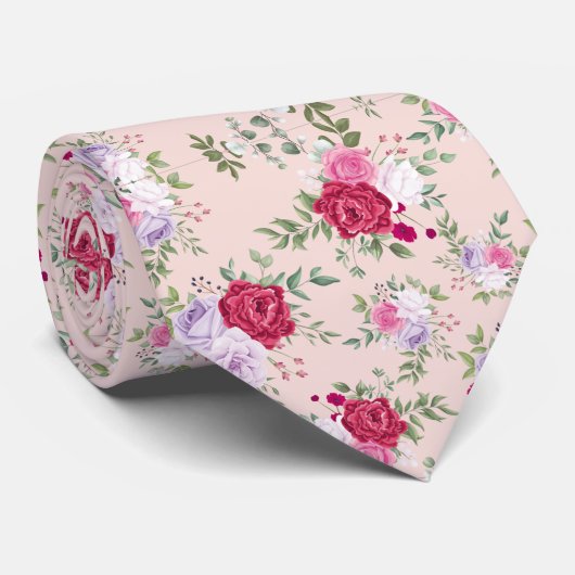Cravate Fleurs roses rouges Motif Art (Roulé)