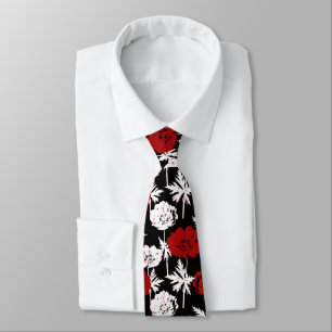 Cravate Fleurs rouges, blanches sur le noir.