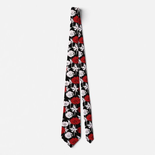 Cravate Fleurs rouges, blanches sur le noir. (Devant)