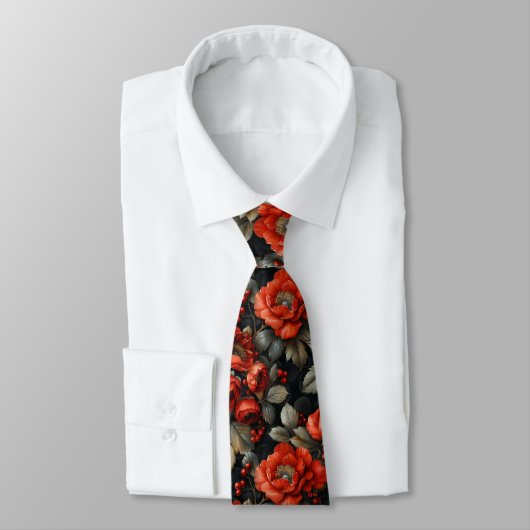 Cravate Fleurs rouges en noir (Attaché)