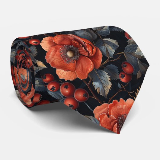 Cravate Fleurs rouges en noir (Roulé)