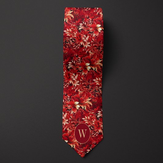 Cravate Fleurs rouges et crème luxuriantes