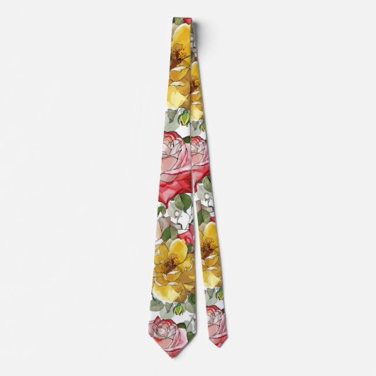 Cravate Fleurs rouges jaunes aquarelles encre beaux traits (Devant)