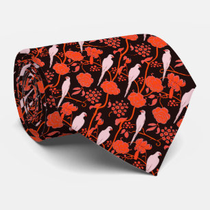 CRAVATE FLEURS ROUGES NOIRS ART DÉCO AVEC PARROTS BLANCS