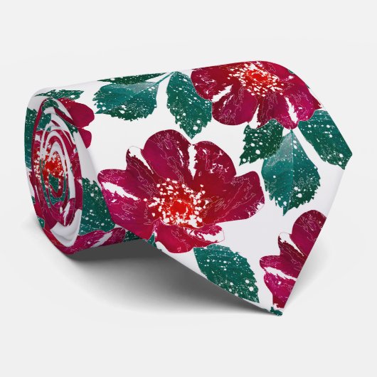 Cravate Fleurs rouges sur blanc. (Roulé)