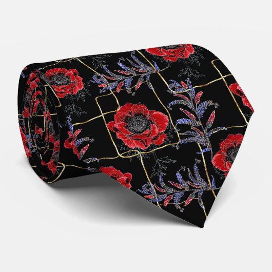 Cravate Fleurs rouges sur un noir (Roulé)