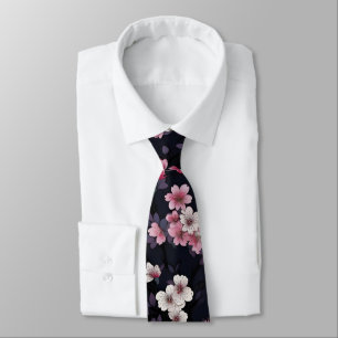 Cravate Fleurs Sakura Roses Noires, Design Motif,