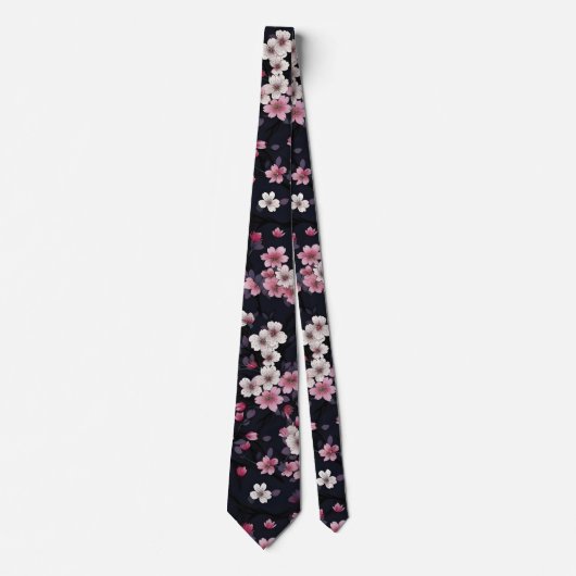Cravate Fleurs Sakura Roses Noires, Design Motif, (Devant)
