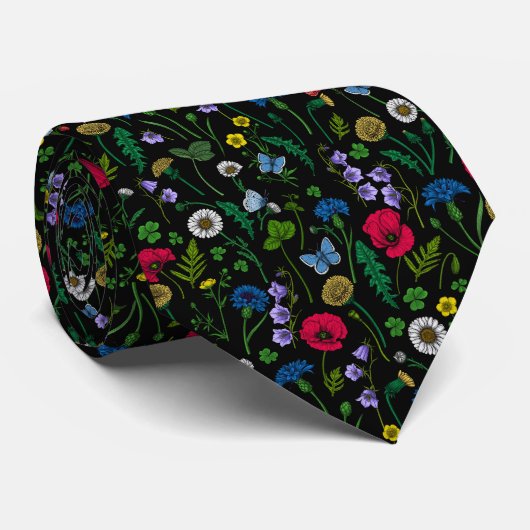 Cravate Fleurs sauvages en noir (Roulé)