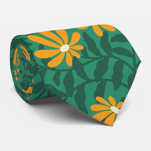 Cravate Fleurs super en gras - vert et orange (Roulé)