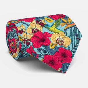 Cravate Fleurs tropicales et colibri - Botanica d'été