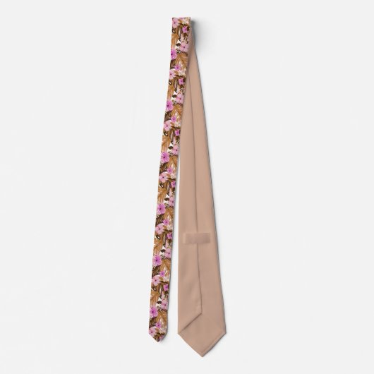 Cravate Fleurs Tropicales Feuilles Rose Beige Brun (Dos)