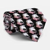 Cravate Fleurs Unicorne Blanches Rose noir (Roulé)