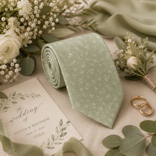 Cravate Fleurs Vert Sauge Vintage Douce