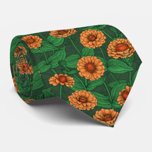 Cravate Fleurs Zinnia orange, feuilles verts sur vert fonc