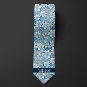 Cravate Floral bleu glace, blanc et or