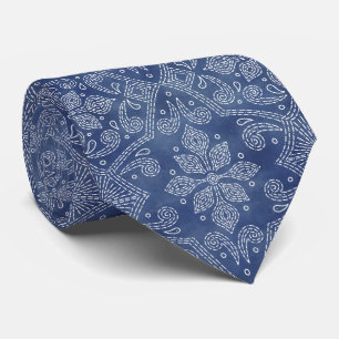 Cravate Floral Damask Line Art sur Denim Blue