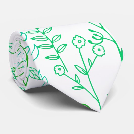 Cravate Floral Pattern classique Vert ton A02. BG blanc (Roulé)