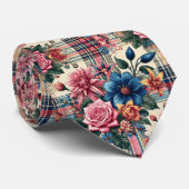Cravate Floral rose bleu plaid Monogramme (Roulé)
