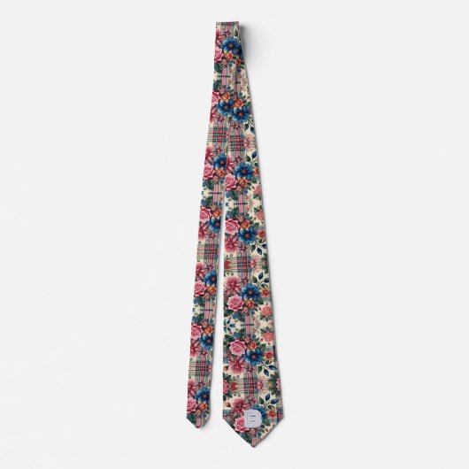 Cravate Floral rose bleu plaid Monogramme (Dos)