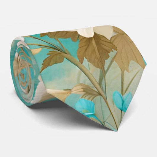 Cravate Floral Turquoise blanc cassé (Roulé)