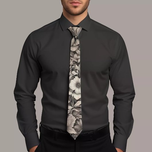 Cravate florale noire et blanche classique