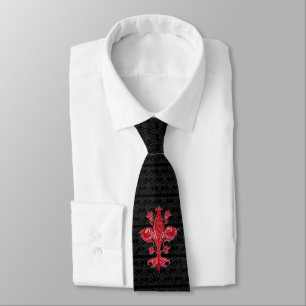 CRAVATE FLORENTINE ROUGE LILY, FLEUR DE LIS, BLACK DAMASK