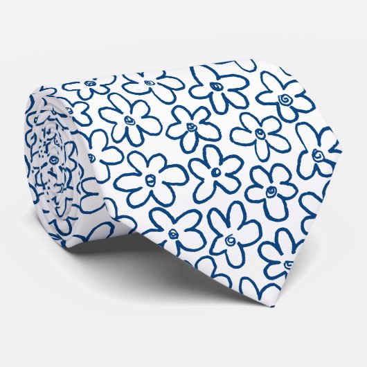 Cravate Flower Motif 080821 - Indigo Blue and White (Roulé)