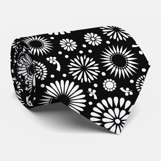 Cravate Folk Floral Black and White Sunflower Boho Chic (Roulé)