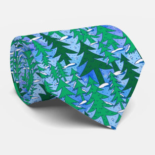 Cravate Forêt de sapins d'hiver, Art Naïf, Vert Bleu
