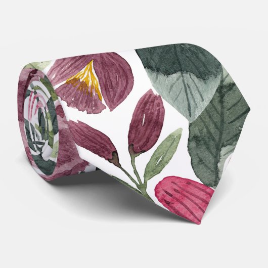 Cravate Forêt rose Mauve Vert Aquarelle Fleurs Feuilles (Roulé)
