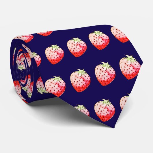 Cravate fraise aquarelle dans le bleu marine (Roulé)