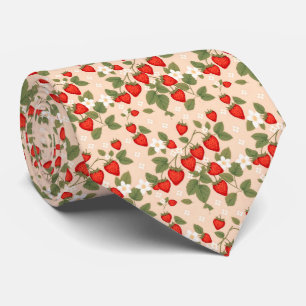 Cravate Fraises Avec Feuilles Verts Et Fleurs Blanches