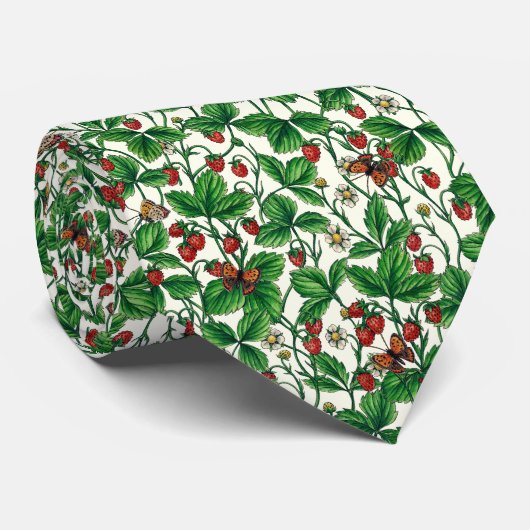 Cravate Fraises sauvages sur blanc (Roulé)