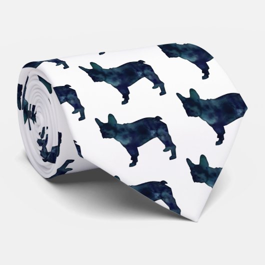 Cravate Français Bulldog Noir Aquarelle Silhouette (Roulé)