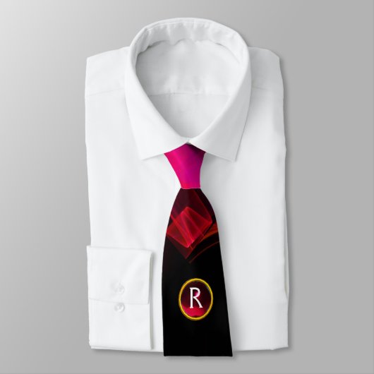 CRAVATE FUCHSIA FRACTAL ROSE VAGUES, EAUX, GEM ROUGE MONOG (Attaché)