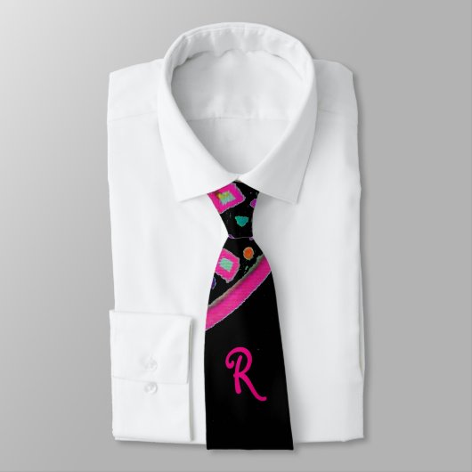 CRAVATE FUCHSIE ROSE NOIR DÉCO MONOGRAM ABSTRAIT (Attaché)