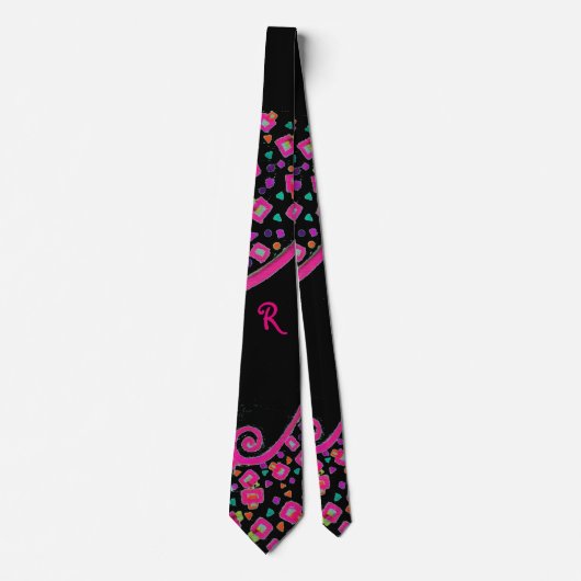 CRAVATE FUCHSIE ROSE NOIR DÉCO MONOGRAM ABSTRAIT (Devant)