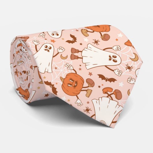 Cravate Fun Retro Ghost & Jack-O-Lantern Motif (Roulé)