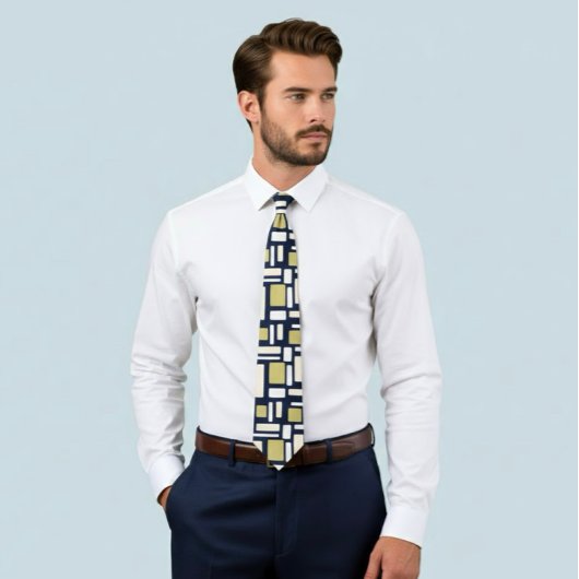 Cravate Geometric Rectangle Pattern Tie in Ivory and Gold 