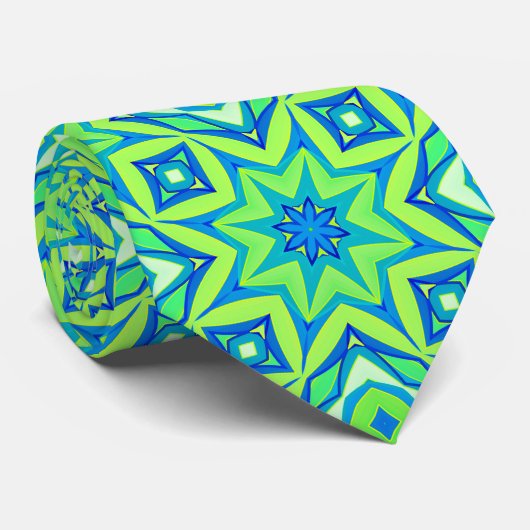 Cravate Géométrique étoile Abstraite - Vert chaux et bleu (Roulé)