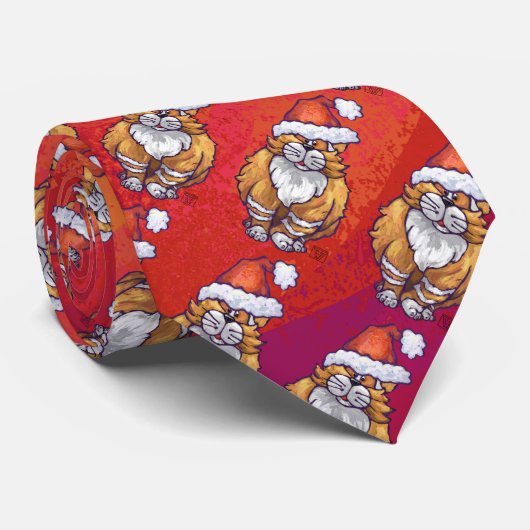 Cravate Ginger Chat Noël Sur Rouge (Roulé)