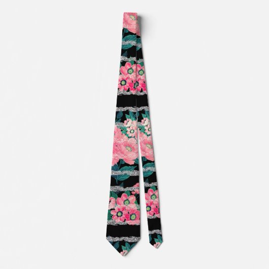 Cravate Girly Pink Floral et Silver Glitter Stripes Black (Devant)