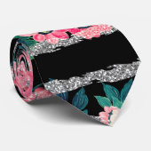 Cravate Girly Pink Floral et Silver Glitter Stripes Black (Roulé)
