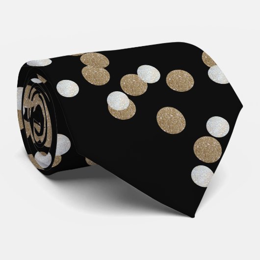 Cravate glam noir et blanc points champagne or confetti (Roulé)