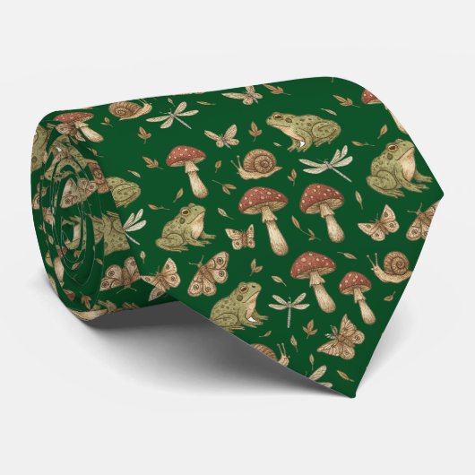 Cravate Goblincore Mushroom Frog Snail Dragonfly Pattern (Roulé)