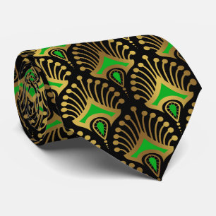 Cravate Gold and green Art Deco pattern on black