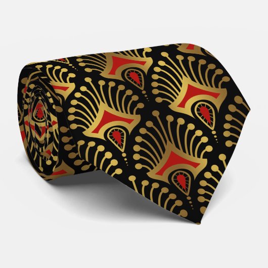 Cravate Gold and red Art Deco pattern on black (Roulé)