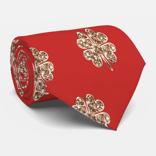 Cravate Golden Four Leaf Clocher Bonne chance Rouge et or (Roulé)
