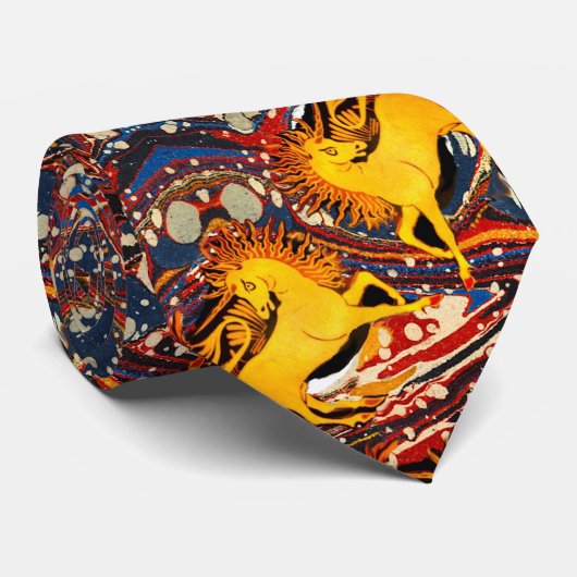 CRAVATE GOLDEN UNICORNS ,RED BLUE MARBLED EFFECTS ,CIRCLES (Roulé)